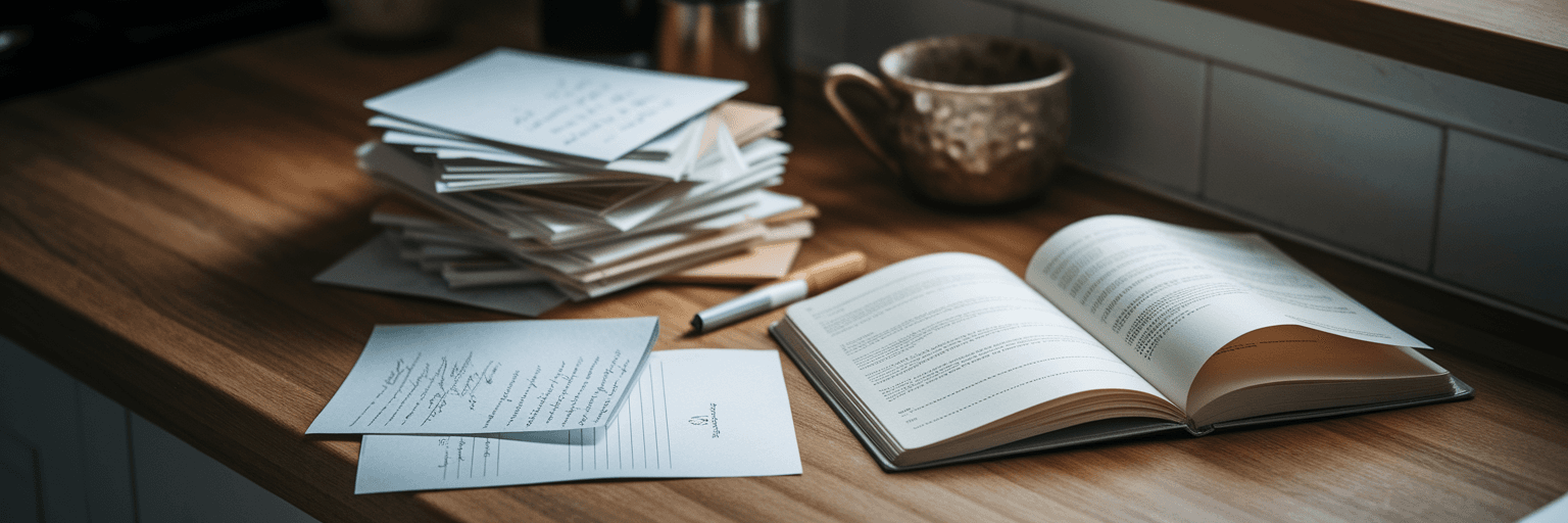 Disorganized handwritten recipes on kitchen counter.