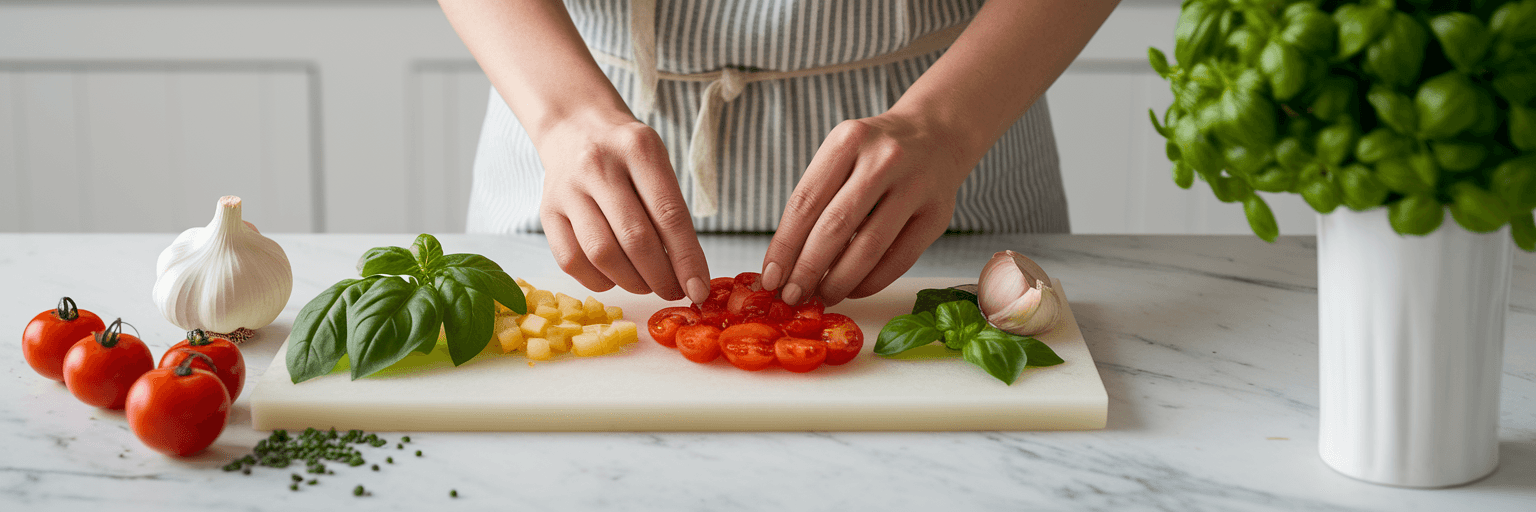 Hands arranging fresh cooking ingredients.