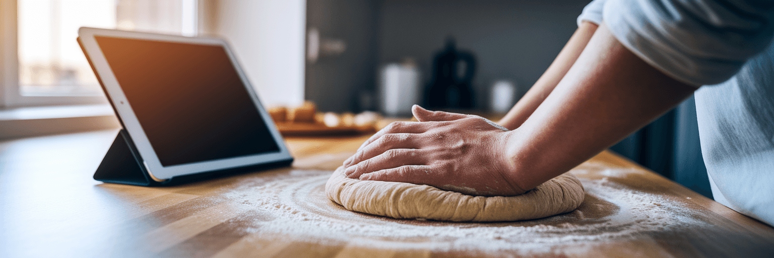Hands kneading dough in a kitchen.