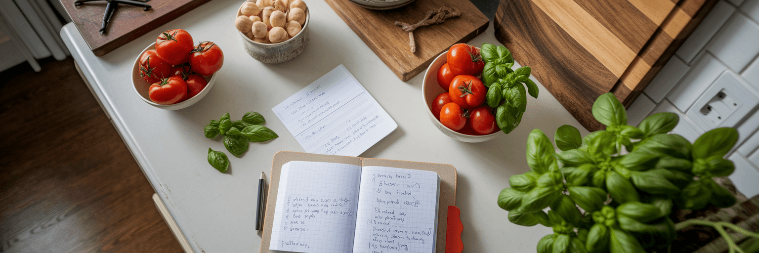 Handwritten recipes and fresh ingredients on kitchen counter.