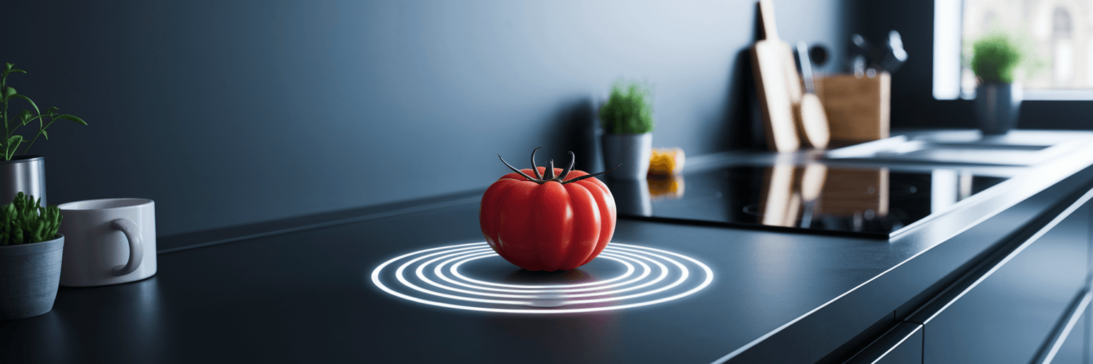 Tomato on counter with light projection.